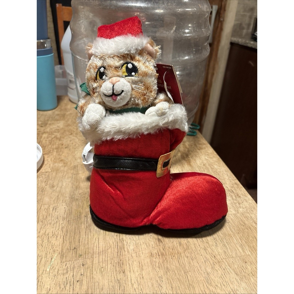 VINTAGE GEMMY ANIMATED SINGING CAT IN SANTA BOOT CHRISTMAS PLUSH ANIMAL WORKS